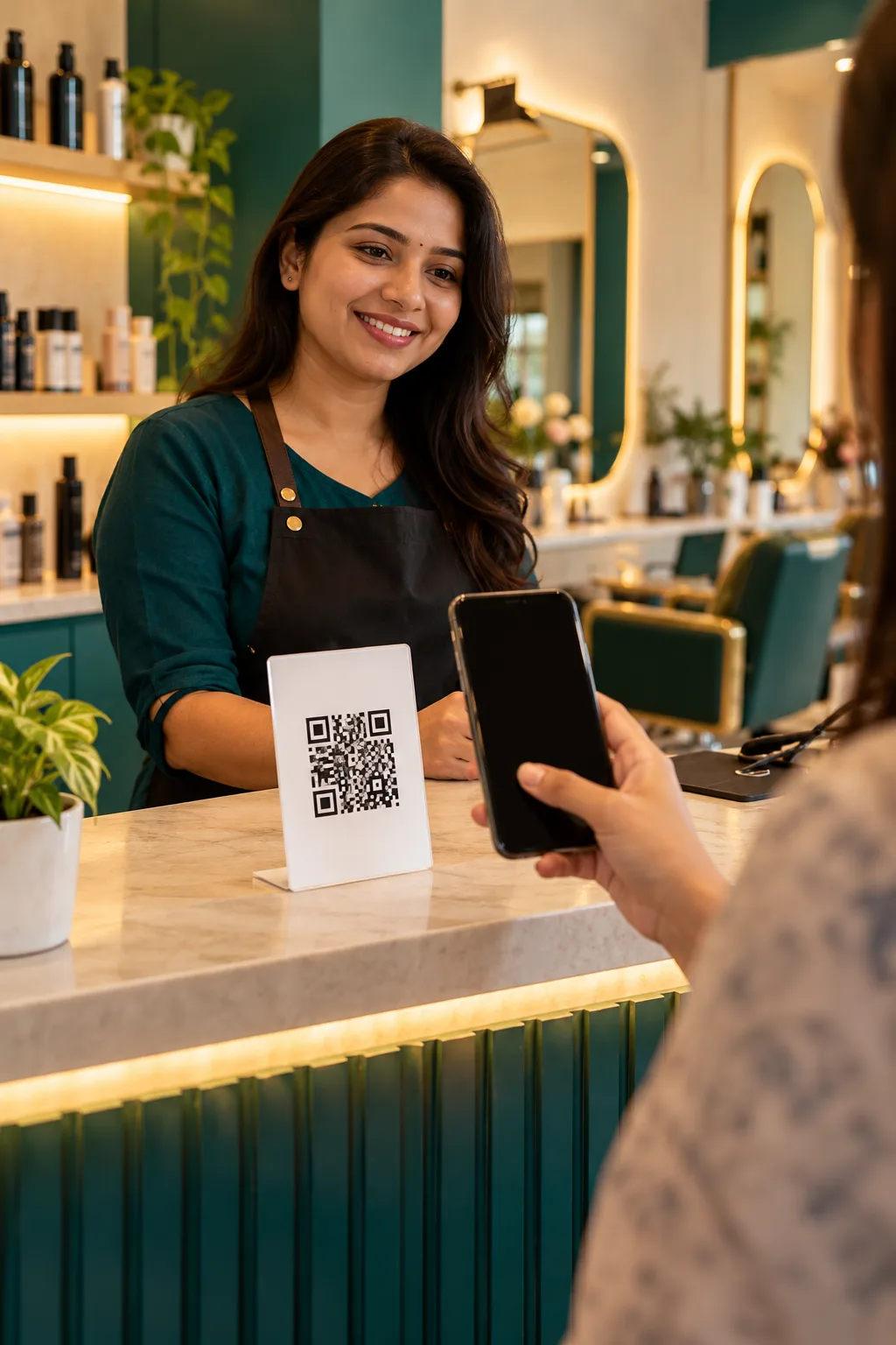 A customer scanning a review QR code at a salon counter